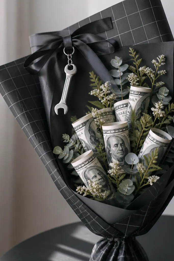A bouquet with a black-and-gray grid-pattern wrap, rolled bills inserted like blooms, and a small metal wrench charm hanging from the top ribbon.