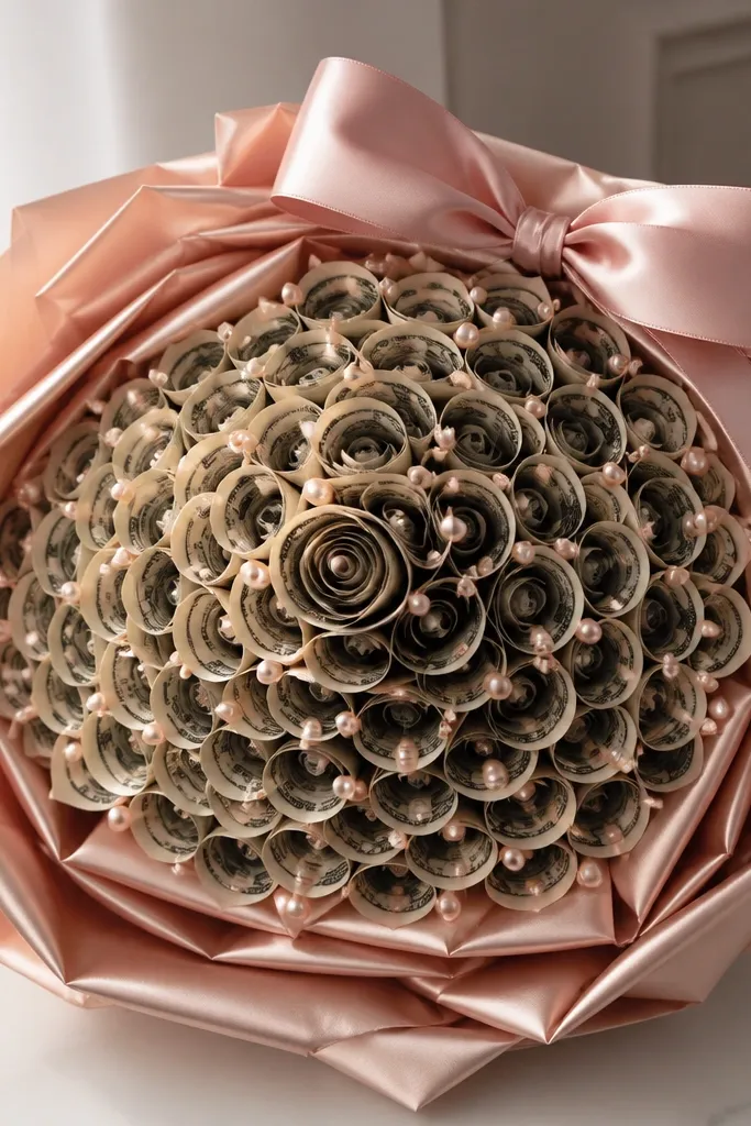 A rose-gold satin-wrapped bouquet with rolled bills arranged in a spiral; tiny pearl-headed pins dot the surface, and a blush ribbon bow crowns it.