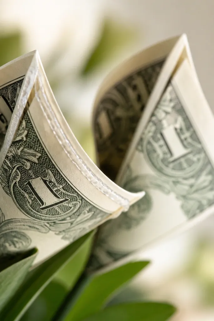 A money bouquet petal where glossy hot glue strings are visible along the bill edges; the background shows a cleaner petal with hidden glue.