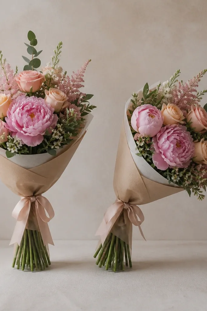 Two bouquets side-by-side: one stem is straight and upright, the other has noticeable bowing; both have similar flower counts and wrapping.