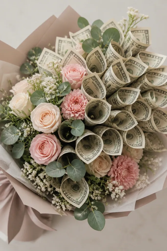 A top-down view of a money bouquet with petals fanned at different angles; one side is tighter and higher, causing a clear tilt.