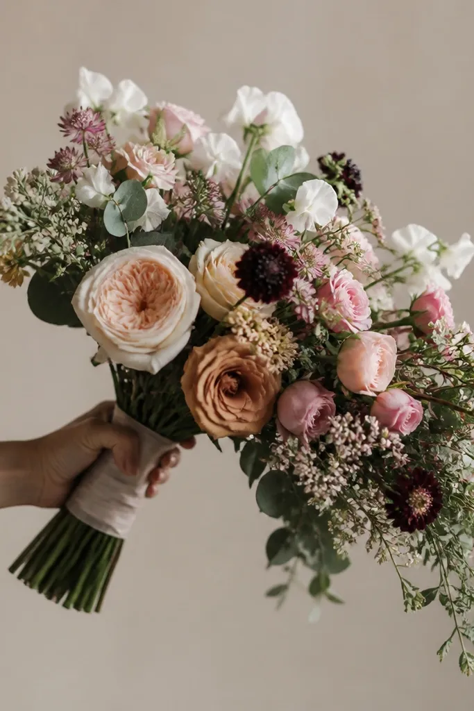 A bouquet held in a hand where one side is visibly heavier; the handle tilts and the top cluster droops slightly.
