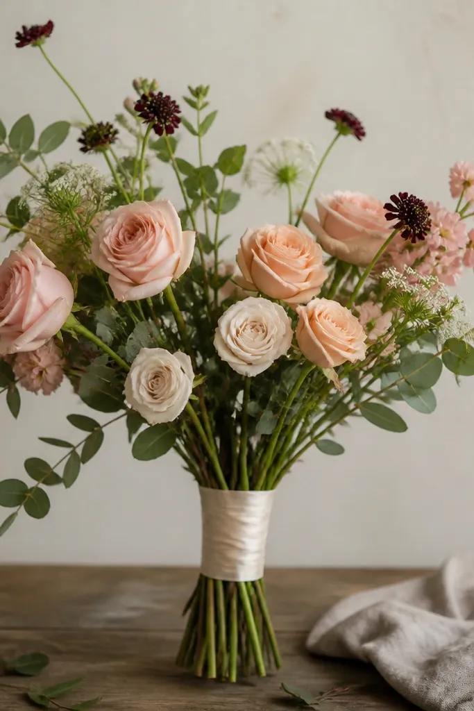 A partially assembled bouquet where the base handle is already wrapped with ribbon, but gaps and stem alignment issues remain visible.