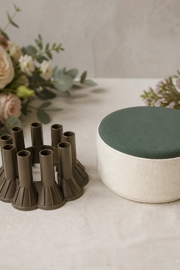 A bouquet base without a core where wired stems slide and separate; nearby is a base with a foam block wrapped in fabric.