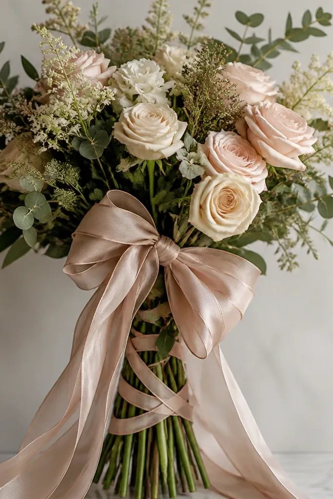 A bouquet with a large bow where long ribbon tails are tangled around wired stems near the top cluster.