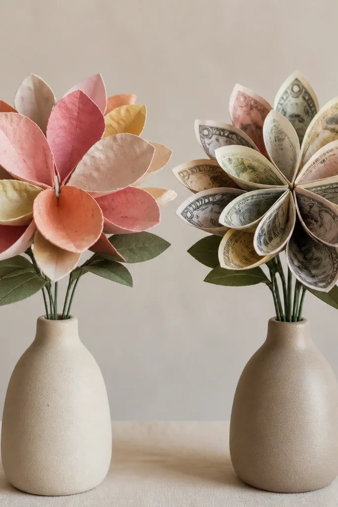 A side-by-side comparison: left petals made from thicker craft paper, right petals made from actual bills; the paper petals look creased and uneven.