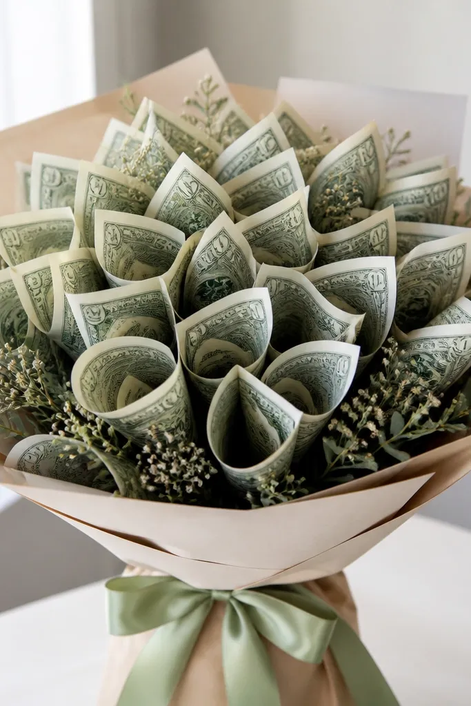 A bouquet where the front petals show mostly backs of bills; the bill faces are turned inward and not visible.