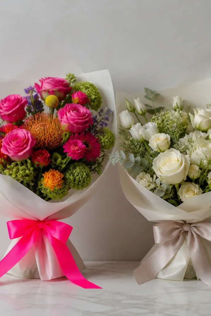 A bouquet with bright neon ribbon against pale bills; the colors look harsh and uneven compared to a second bouquet with soft neutral ribbon.