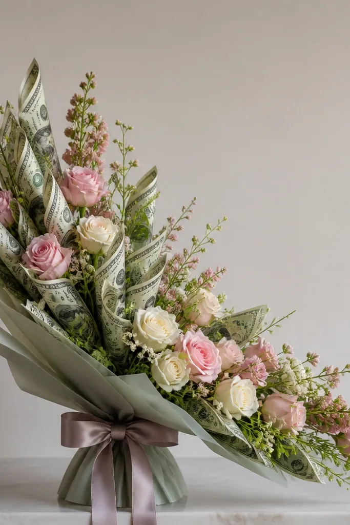 A money bouquet where one side has taller stems and the opposite side dips, showing an obvious curve.