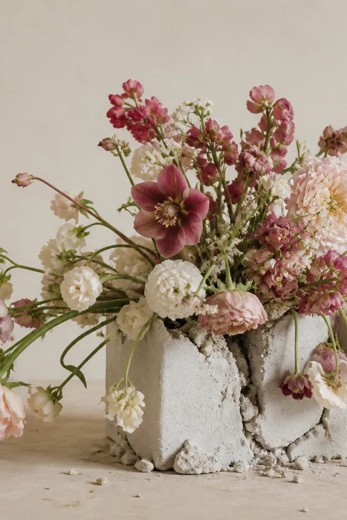 A bouquet resting in foam that looks cracked and crumbly; stems are pulled out and the arrangement sags.