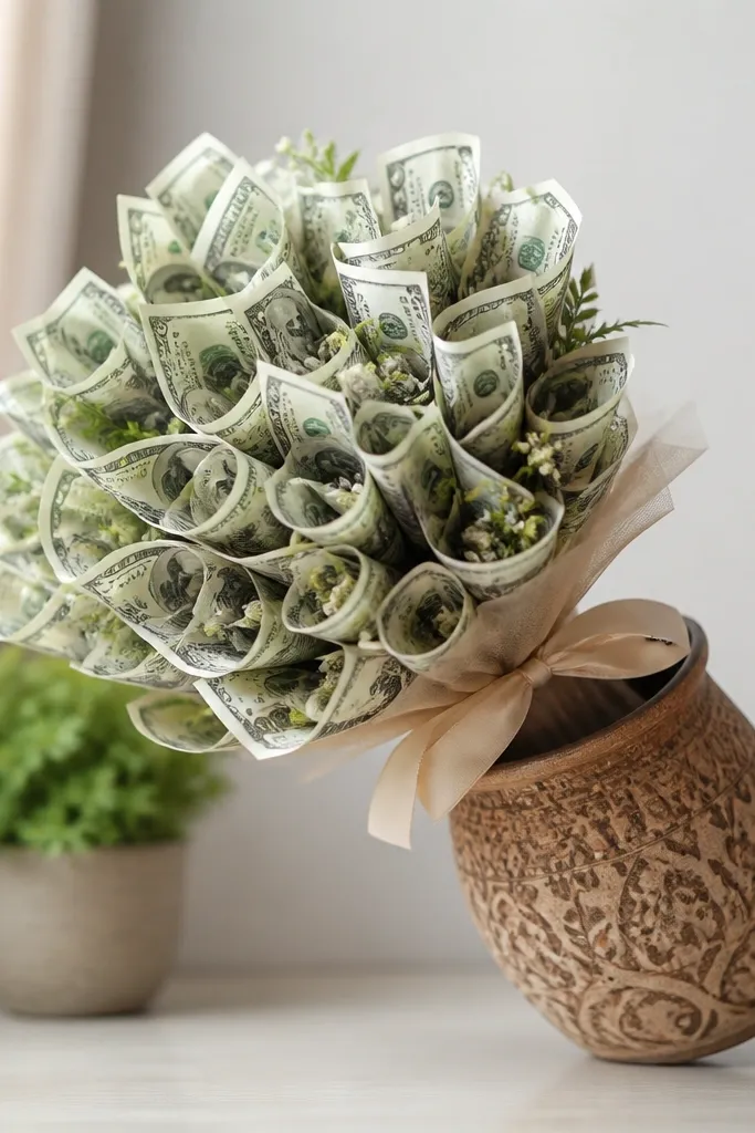 A decorative pot holding a money bouquet; the bouquet leans forward because the base is too light.