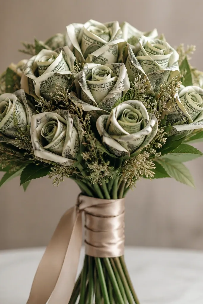 Ribbon wrapping around stems before the money blooms are centered; later adjustments cause wrinkles and misalignment.