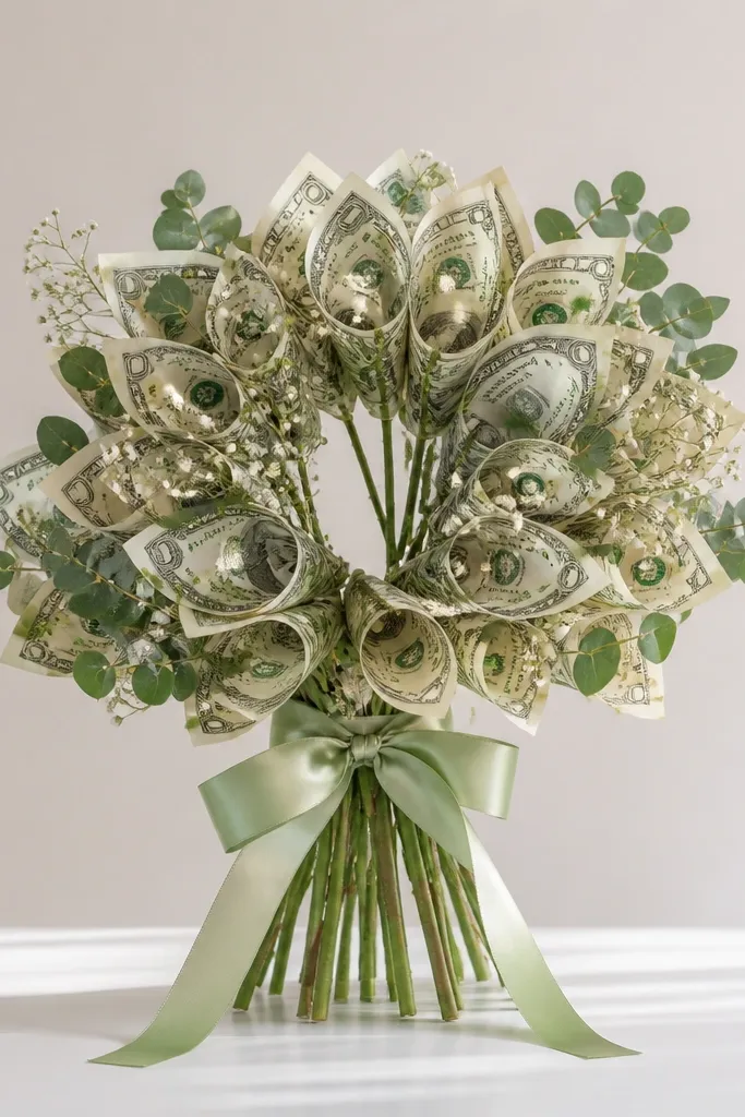 Front view of a money bouquet where the middle has a visible empty space and the stems underneath show through.