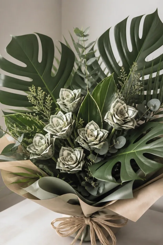 A money bouquet with large fake leaves that overpower the small money flowers.
