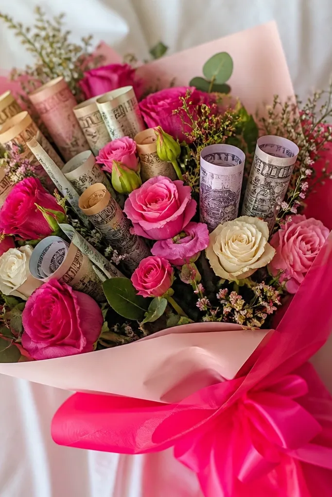 A bouquet wrapped in bright neon ribbon while the money has mixed tones; the colors look chaotic.