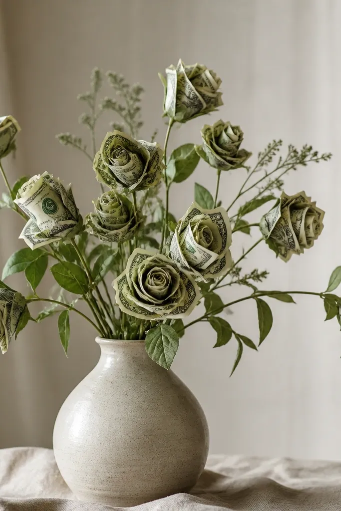 Stems are bent at random angles; some money blooms face sideways, creating a scattered look.