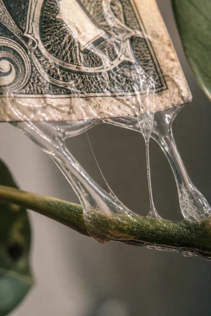 A close-up of hot glue strands connecting a money bill to a stem; glue looks messy and shiny.