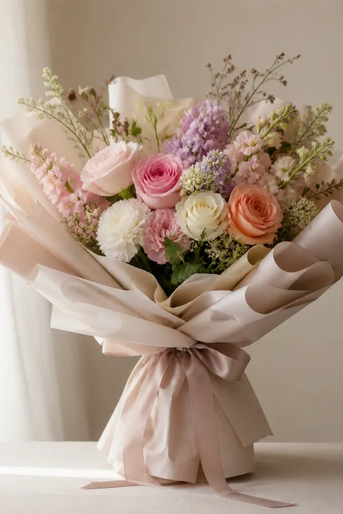 A bouquet wrapped with multiple layers; the ribbon bunches and the wrap looks too tight around the stems.