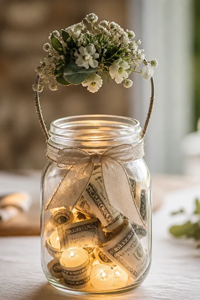 A clear mason jar filled with rolled bills and small LED tea lights glowing inside, with a wire bouquet handle and ribbon around the jar mouth.