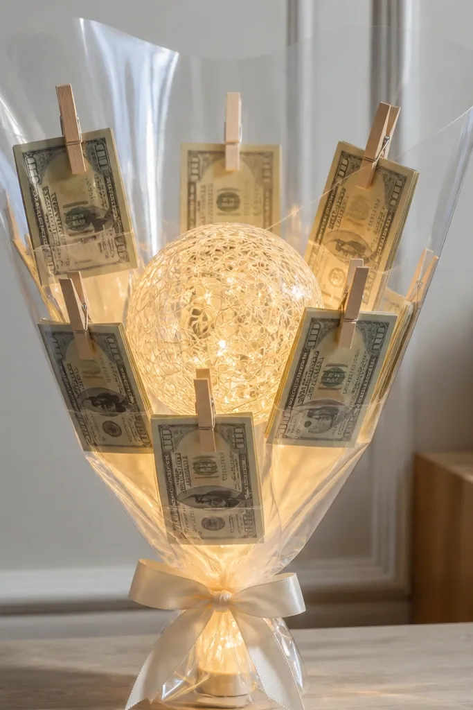 A clear cellophane bag shaped like a bouquet, with a glowing string light ball in the middle and cash bundles clipped to the outside.