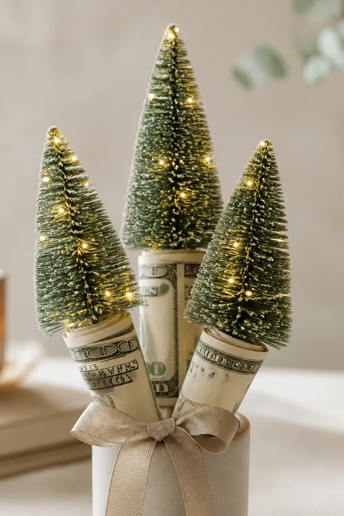 Three small bottle brush trees arranged like a bouquet, each wrapped with cash bands and topped with tiny warm LED lights.