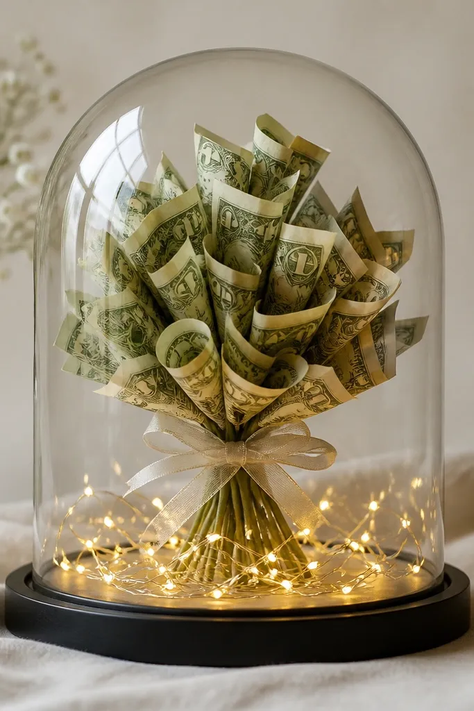 A clear dome cloche covering a bouquet of stacked folded bills, with micro fairy lights glowing across the base inside the dome.
