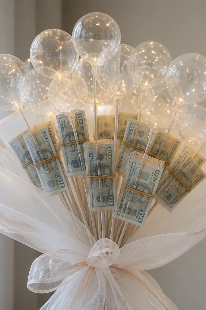 A bouquet of balloon sticks with small LED lights at the top, cash bundles tied around each stick, wrapped in sheer ribbon.