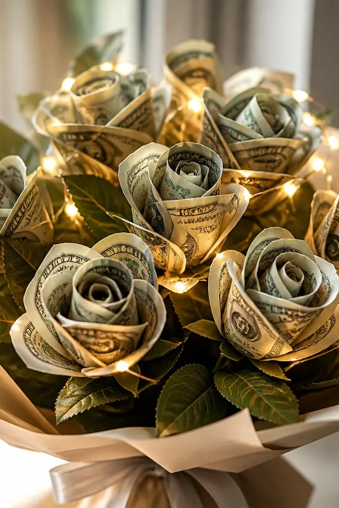Several “money roses” made from folded bills, arranged in a bouquet shape, with warm LED twinkle lights woven through the petals and leaves.
