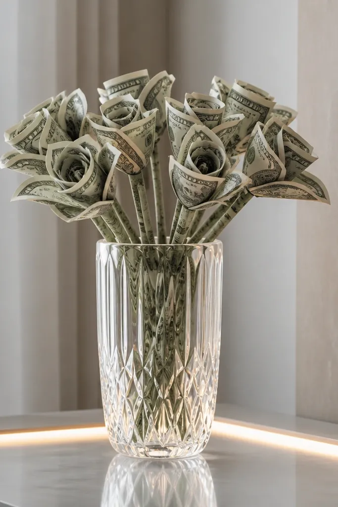 A clear crystal-style vase holding cash stems, with an LED strip glowing along the bottom edge and reflecting in the vase.
