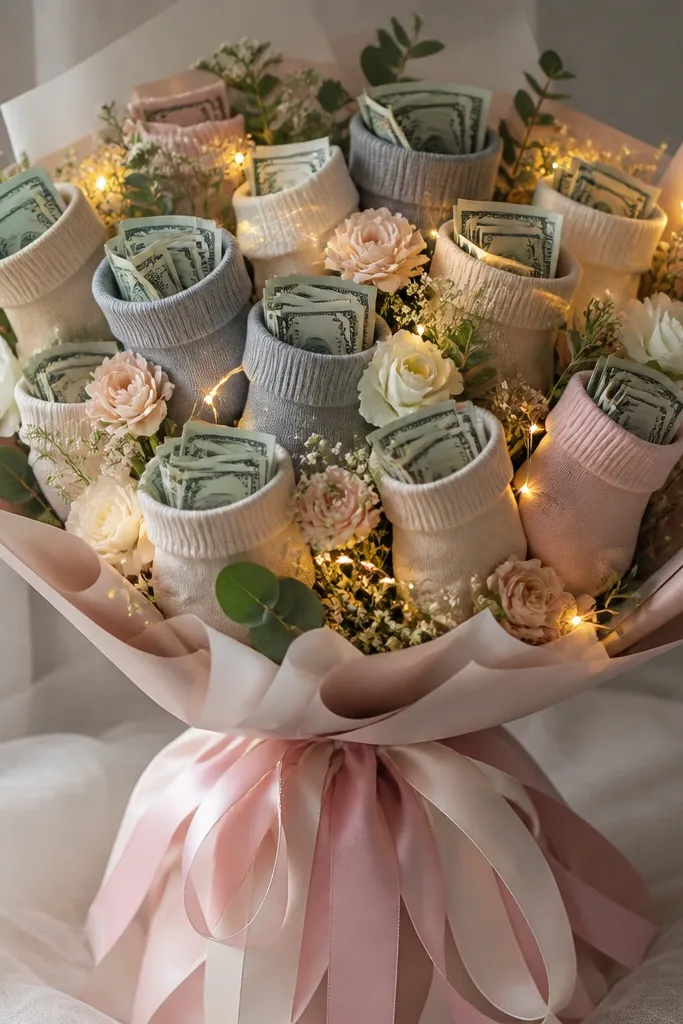 A ribboned bouquet arrangement with small sock shapes or fabric pockets holding folded bills, outlined with battery fairy lights.