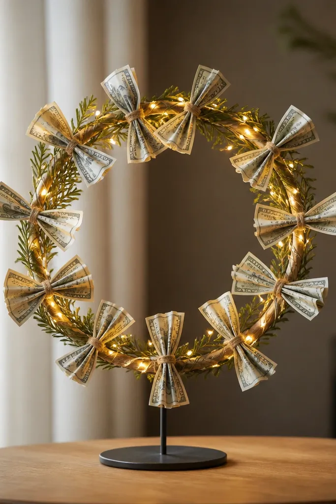 A small circular wreath on a stand, wrapped with warm string lights and cash strips tied around the ring like ornaments.