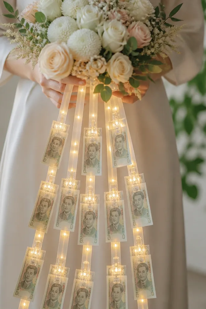 A bouquet with long ribbons cascading downward, each ribbon holding a clip-on cash piece, with LED clips glowing along the ribbon line.