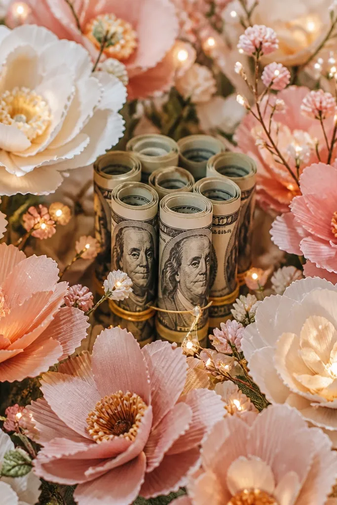 A frame of paper flowers surrounding rolled bills, with micro LED lights dotted across petals and stems.