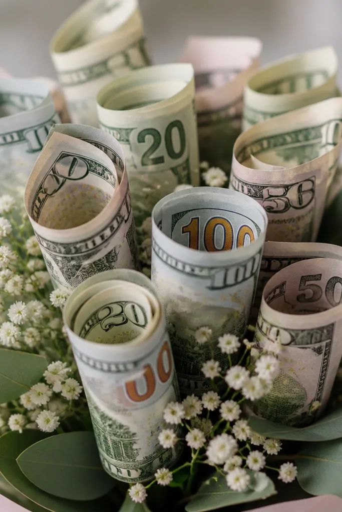 Close-up of a bouquet top where several small cash “petals” are rolled and pinned like rose buds. Bills show visible denominations and are arranged like a flower cluster.