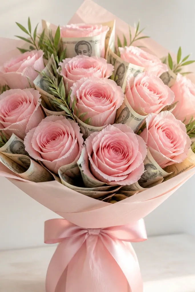 A bouquet with layered crepe paper roses in soft pink, plus thin green leaves. Bills peek out between roses, but the bases look neatly secured beneath a ribbon wrap.