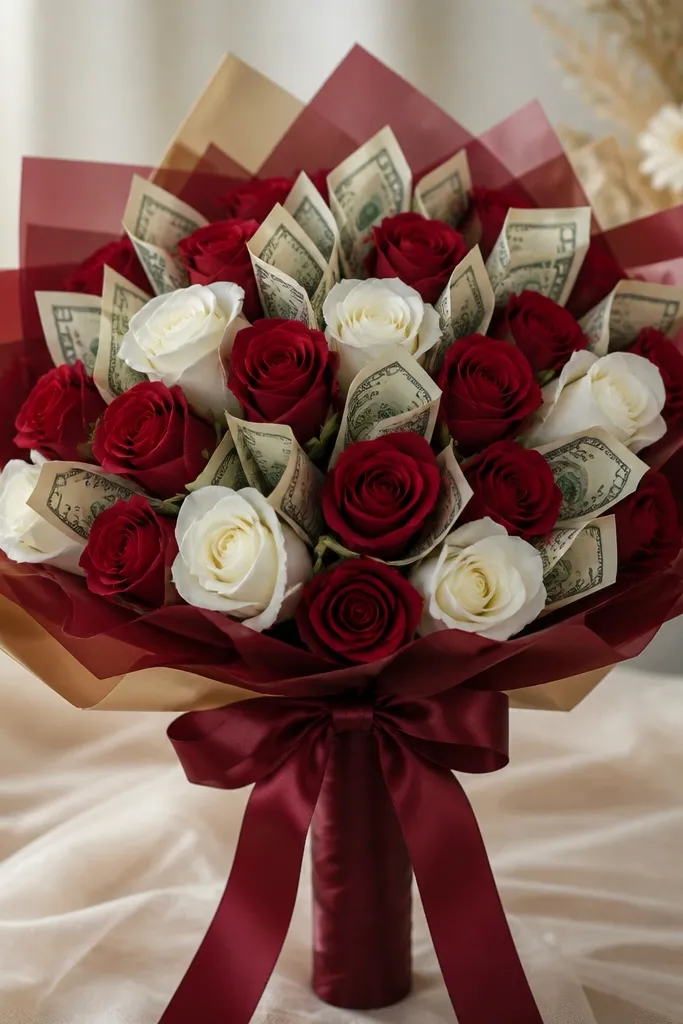 A finished Money Bouquet with Roses with fabric roses and satin ribbon wrapping the handle. The cash is tucked neatly between rose heads, and the ribbon tail drapes down the front.