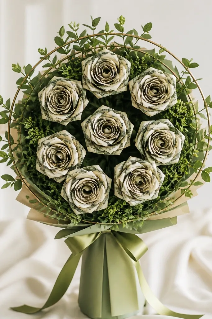 A bouquet built on a wire loop frame with origami-style rose shapes made from folded bills. Roses are spaced evenly with small green filler leaves around the edges.