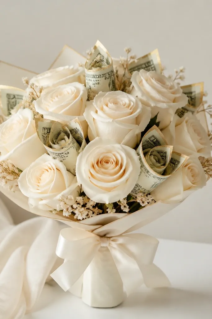 A neutral-toned bouquet: cream roses, ivory ribbon, and bills with a subtle gold look at the edges. The arrangement is elegant and minimal with lots of negative space.