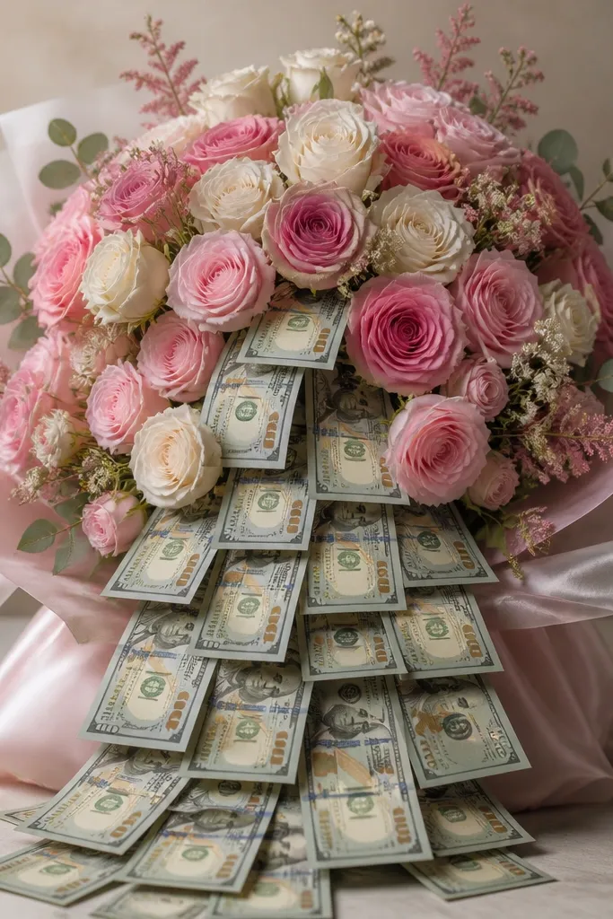 A bouquet with roses layered like a cascade down the front. Cash bills are arranged so the numbers face outward, creating a “money waterfall” effect.
