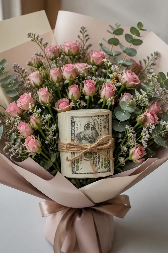 A small bouquet with many mini rose buds scattered throughout, plus one larger, neatly wrapped cash bundle centered at the front. The overall look is balanced and not overly crowded.