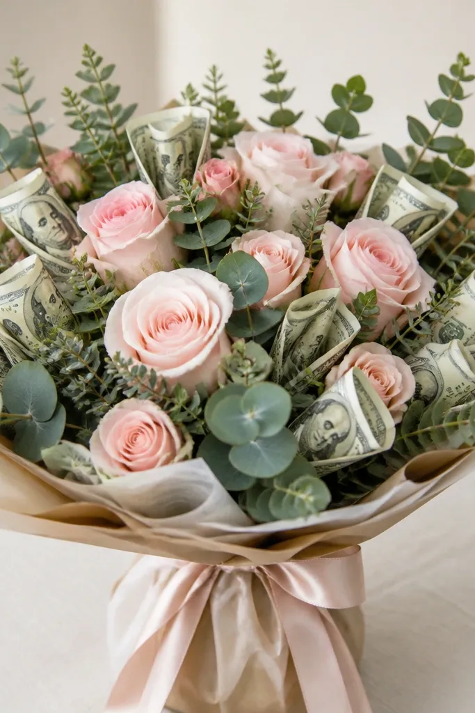 A Money Bouquet with Roses featuring blush roses and small eucalyptus-style leaves. Money is tucked between greenery, creating a natural, garden-inspired arrangement.