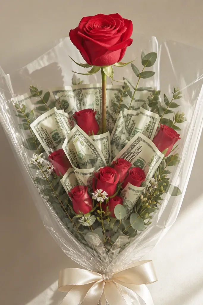 A bouquet wrapped in clear cellophane with a rose topper at the top. The bills and roses are visible through the wrap, and the bottom is tied with ribbon.