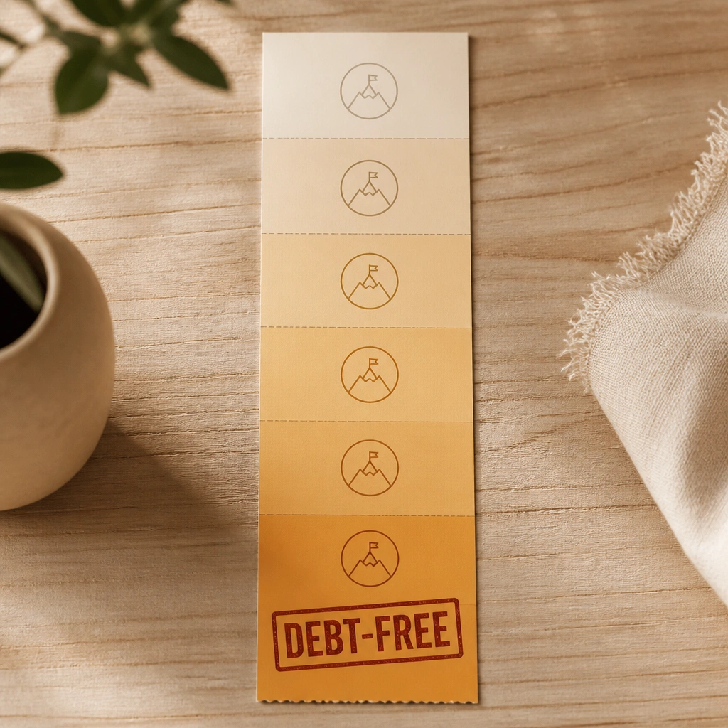 A vertical timeline strip with 6 labeled months, each section shaded from light beige to warm amber, ending with a bold “DEBT-FREE” stamp at the bottom.