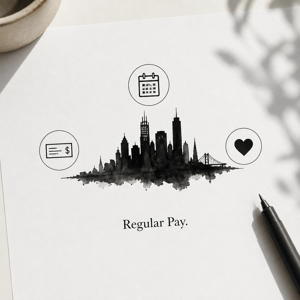 A minimal skyline silhouette in black ink on white paper, with three small icon circles around it: a paycheck icon, a calendar icon, and a heart icon, plus a clean typed line “Regular Pay.”