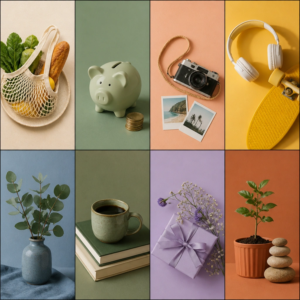 A grid of 8 small colored squares labeled with categories like “Needs,” “Savings,” “Fun,” and “Invest,” arranged like a modern mood board with thin black separators.