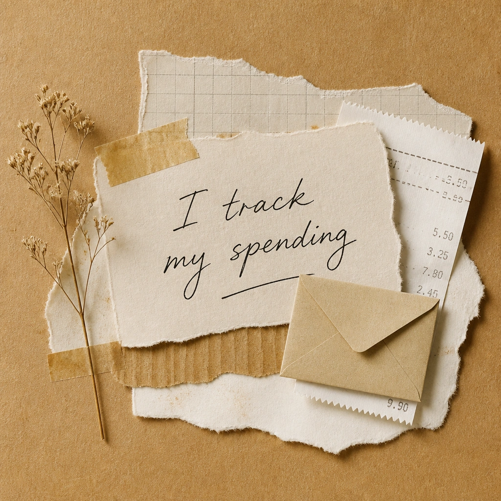 A layered collage showing torn receipt paper edges, a handwritten “I track my spending,” and a small envelope icon, all on a warm kraft paper background.