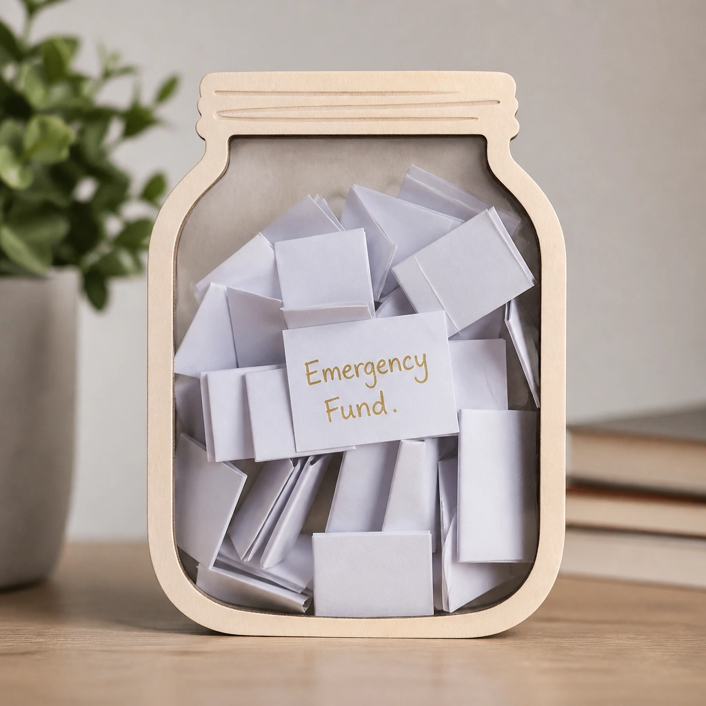 A cutout jar shape filled with tiny folded paper notes, with one note highlighted in gold ink reading “Emergency Fund.”