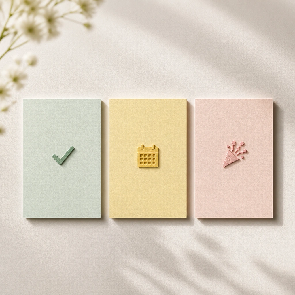 Three small cards aligned in a row: “Check,” “Plan,” and “Celebrate,” each with a different pastel background and a tiny matching icon.