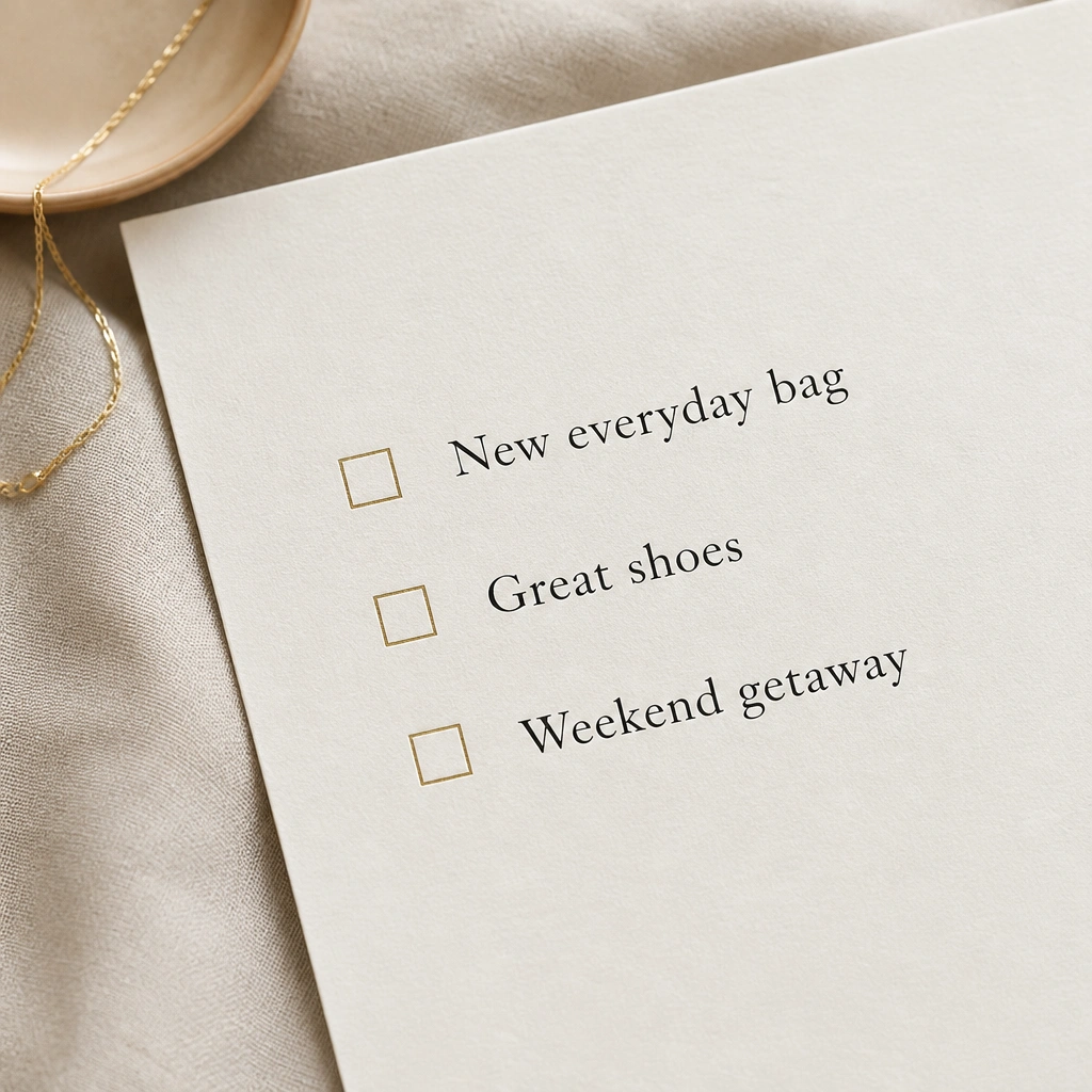 A clean typed list on off-white paper with elegant spacing, featuring three lines: “New everyday bag,” “Great shoes,” and “Weekend getaway,” each with a small gold checkbox.