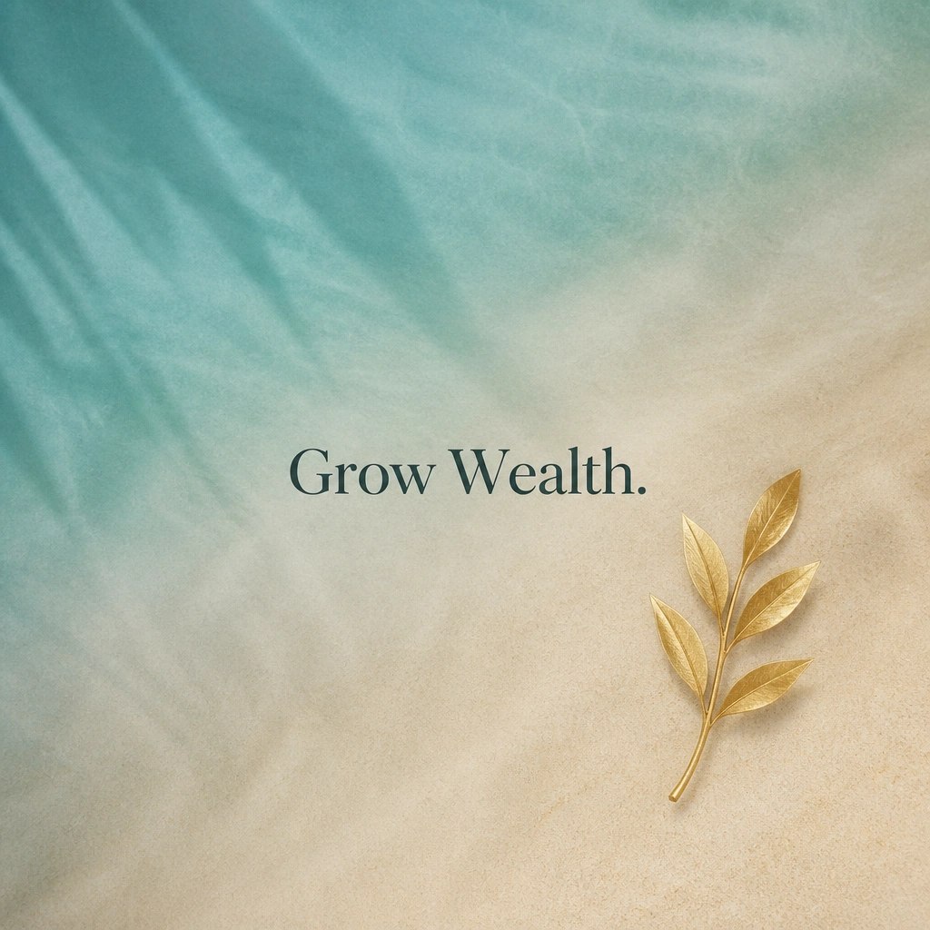 A soft background gradient resembling ocean teal fading into sandy beige, with a small gold leaf sticker and a single phrase “Grow Wealth.”
